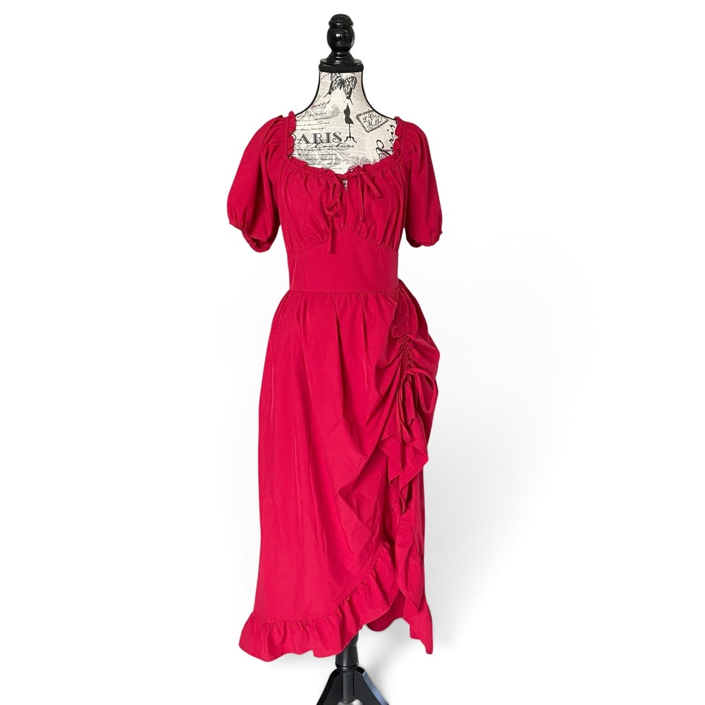 Scarlet Darkness Midi Dress Womens L Red Ruched Ruffle Puff Sleeve Renaissance